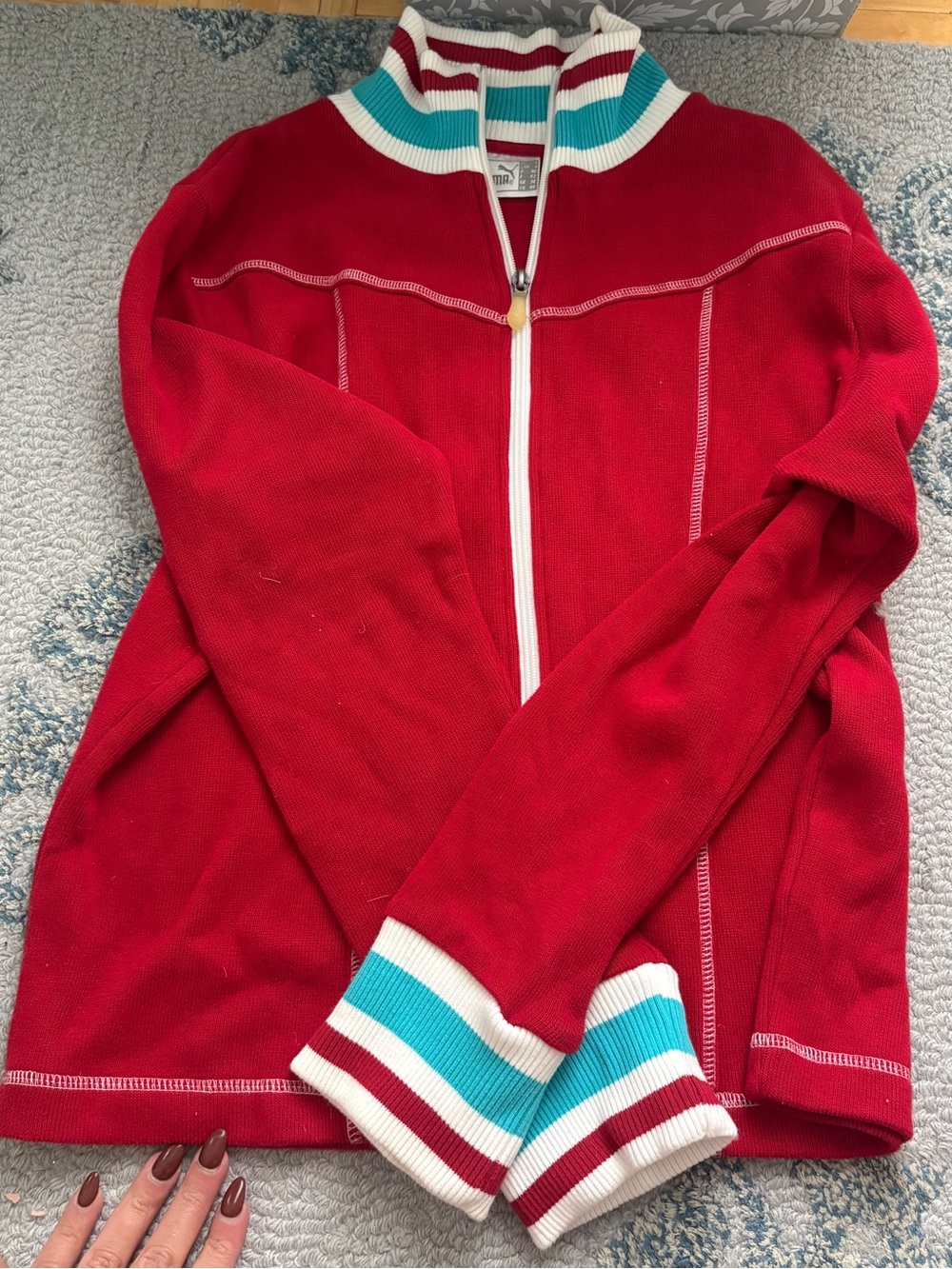 VINTAGE PUMA Red Zip-Up Track Jacket with Contrast Striped Collar and Cuffs L